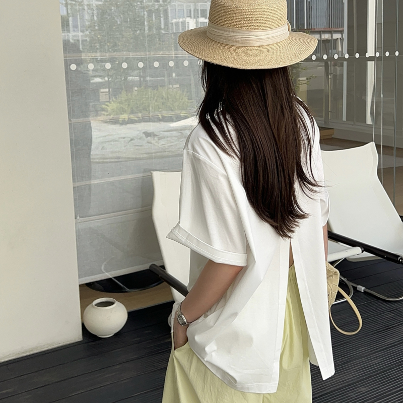 Dingdang Onejun【Back Slit T】Korean-Style Minimalist Light Luxury High-End Mulberry Silk Loose Versatile Short-Sleeve T-Shirt for Women