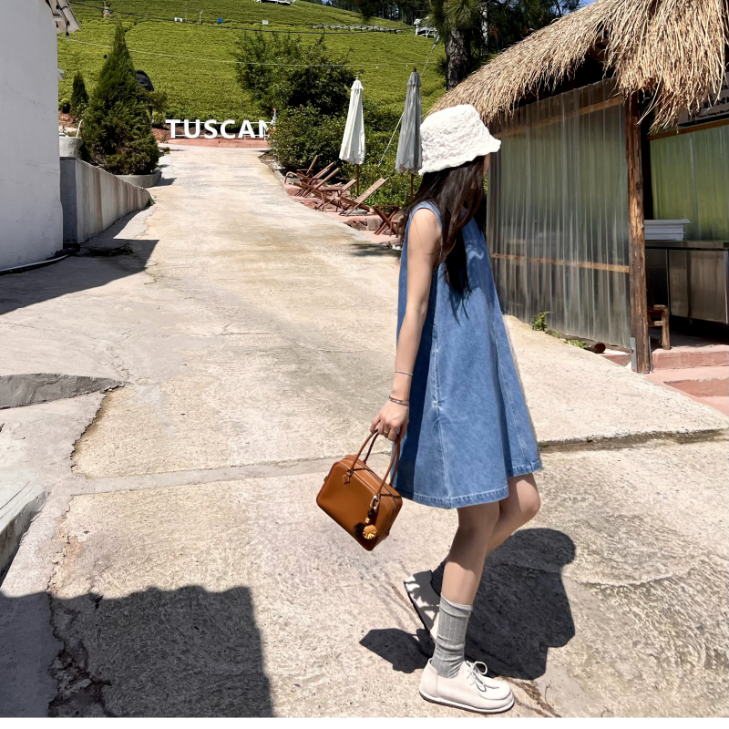 【Dingdang Onejun】Korean Retro Washed Denim Sleeveless Dress, Simple Texture, Loose Skirt for Women, Summer