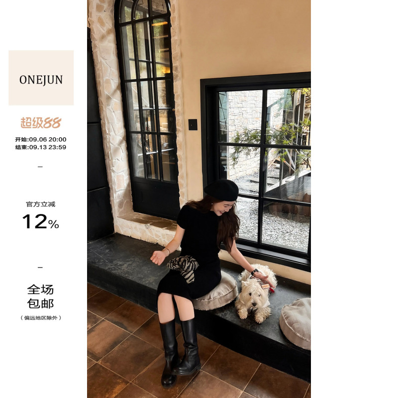 【Dingdang Onejun】Elegant Wool Knit Suit for Women, Autumn Short-Sleeved Sweater, Slimming Half Skirt Two-Piece Set