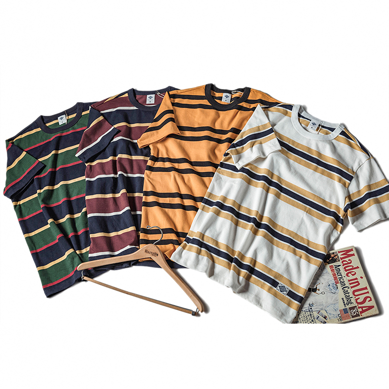 Non Stock Men's and Women's Heavyweight Wide-Striped T-Shirt, Retro Color-Blocked Horizontal Striped Short T-Shirt, Preppy Style Loose Short-Sleeve