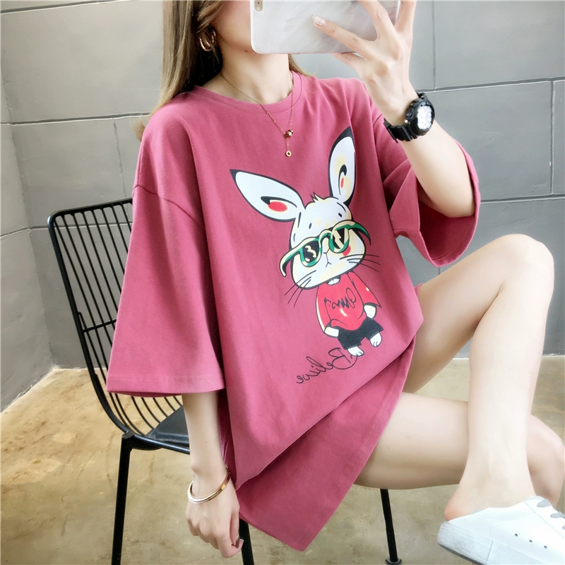 Phụ nữ mang thai t-shirt ngắn tay mùa hè, nữ hot mom trung bình kích thước lớn rộng rãi thời trang mang thai từ bi quần áo mùa hè mang thai - Áo thai sản