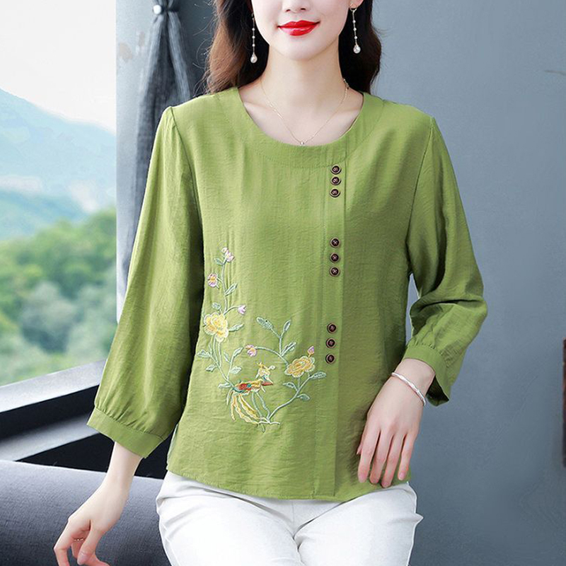 Cotton and Linen Embroidered Shirt for Women, Three-Quarter Sleeves, 2026 Spring and Autumn New Style, Plus-Size Shirt, Loose Fit, Slimming, Versatile Top Cotton and Linen Embroidered Shirt for Women, Three-Quarter Sleeves, 2026 Spring and Autumn New Style, Plus-Size Shirt, Loose Fit, Slimming, Versatile Top