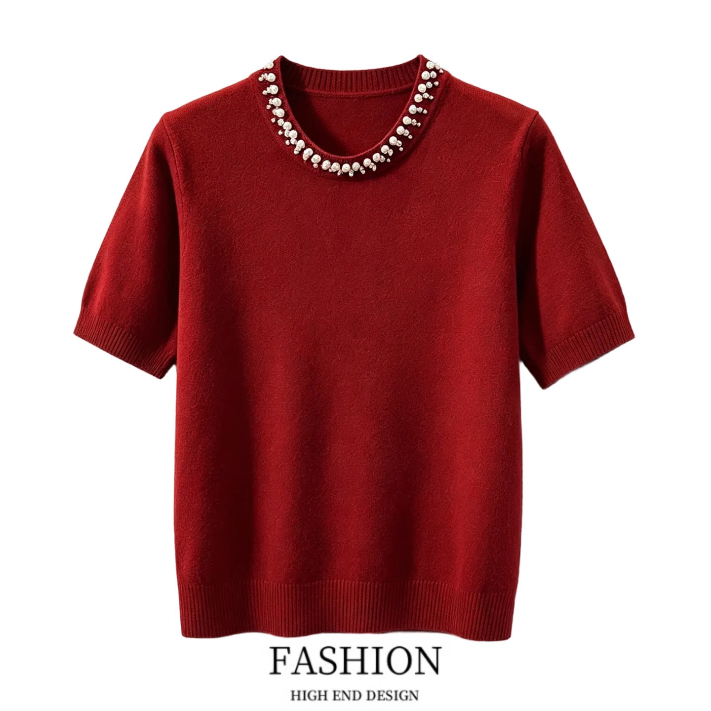 เสื้อถักแขนสั้นคอกลมประดับลูกปัดสีแดงสำหรับผู้หญิง ชั้นในฤดูใบไม้ร่วง ไซส์พิเศษ ระดับไฮเอนด์ สง่างาม ใช้งานได้หลากหลาย เสื้อทรงหลวม