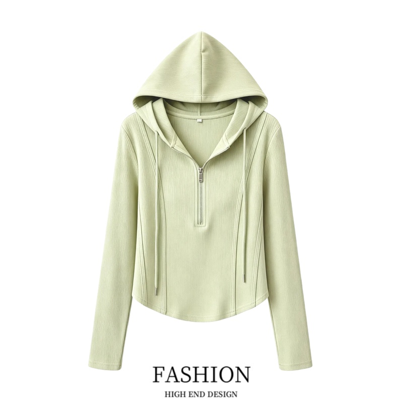 Designed Hooded Half-Zip Sweatshirt Long-Sleeve T-Shirt for Women, Autumn, Slightly Chubby Women, Tummy-Covering, Slimming, Versatile, Regular Shoulder Top