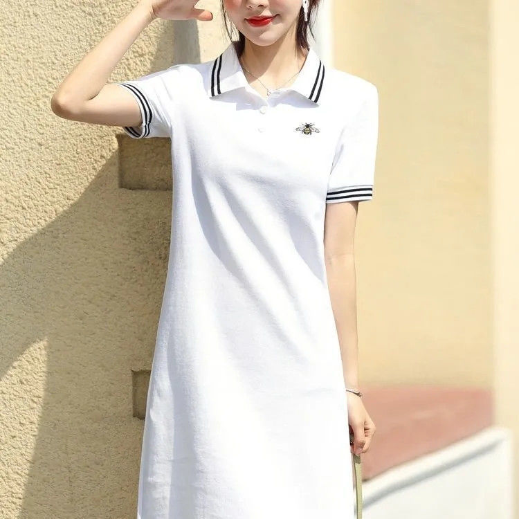 Student College Style Short-Sleeved Navy Pool Collar Dress for Women, Summer 2026, Elegant Waist-Cinching Mid-Length Dress for Petite Figures