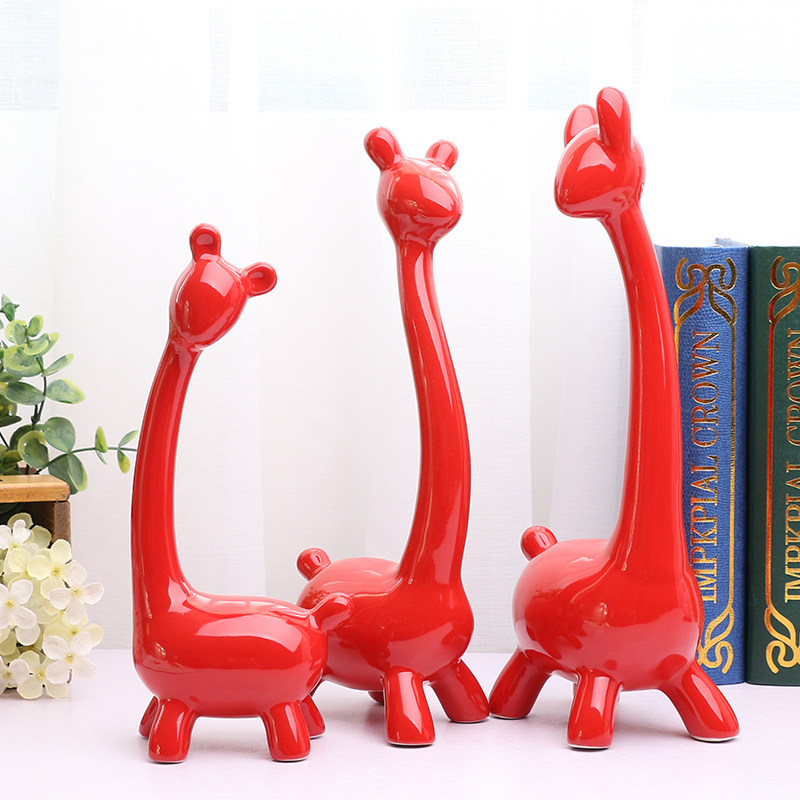 Red three-mouth home Three small deer Nordic style Living room Home Furnishing Wine Cabinet Craft Pendulum ceramic Small