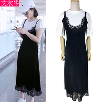 Eidzen star Maths pure Ni Nanny with lace side heath black harness dress with dress long dress Early autumn new