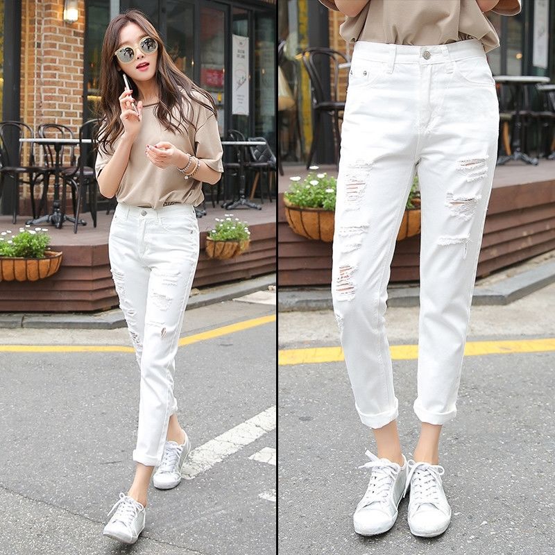 Women's Black and White Ripped Cropped Jeans, Casual Pants, Harem Pants, Skinny Pencil Leggings, Student Wide-Leg Pants