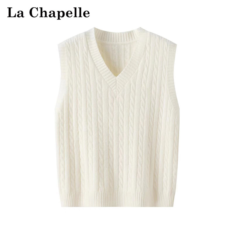 La Chapelle White Preppy Style V-Neck Cable Knit Vest for Women Layering Sweater Vest Cardigan