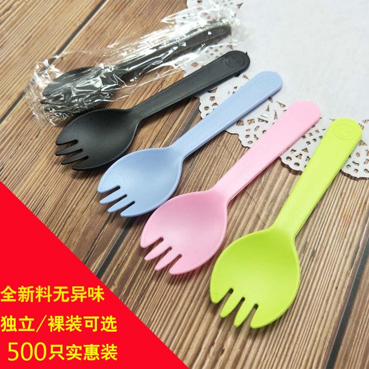 Disposable Cake Fork Spoon Fruit Scoop Spoon Sweets Small Fork Spoon Cutlery Colorful Fork Spoon Ice Cream Spoon Independent