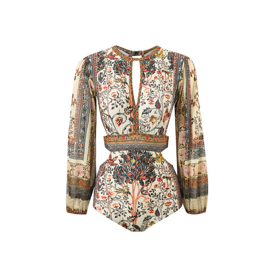 French-Style Ethnic Print Triangle One-Piece Swimsuit for Women, V-Neck, Waist-Cinching, Long-Sleeve, High-Waisted, Slim-Fit, Sexy Swimwear