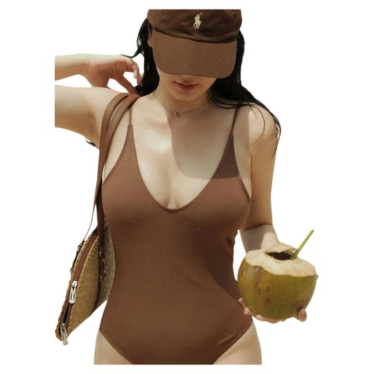 Sexy Deep V-Neck One-Piece Swimsuit for Women, Pure Desire Style, Sleeveless, Slim-Fitting, Flattering, Beach Vacation Style Swimwear