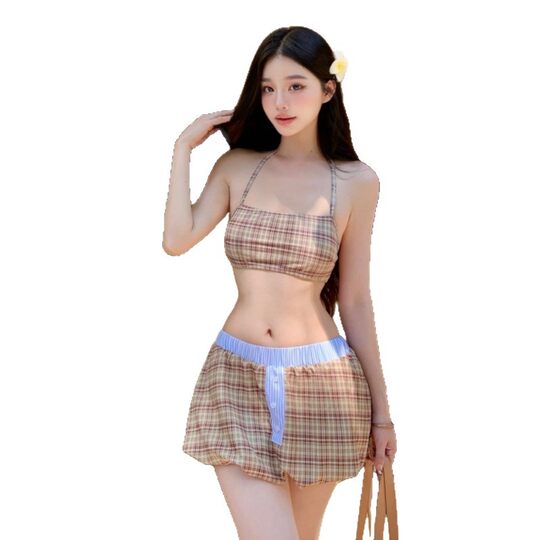 New Retro Plaid Split Skirt-Style Swimsuit, Feminine and Sexy, Pure Desire, Small Bust Push-Up, Hot Spring Resort Swimwear Three-Piece Set