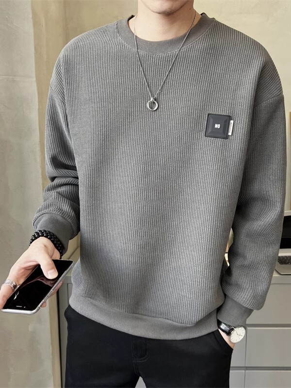 Clearance Sale~ Waffle Knit Sweatshirt for Men, Autumn and Winter Style, Crew Neck, No Hood, Solid Color, Durable Long-Sleeve T-Shirt