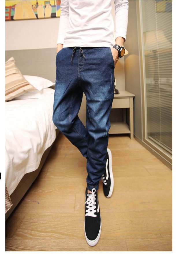 Quần jeans nam mùa đông quần harem quần bó sát chân quần ống quần nam co rút chân cộng với quần nhung nam dày quần vải nam