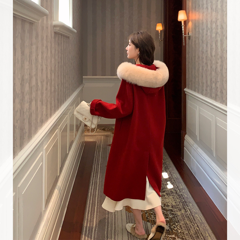Mankeke Little Witch All-Wool Fox Fur Collar Double-Sided Woolen Coat for Women Winter Red Mid-Length Woolen Coat