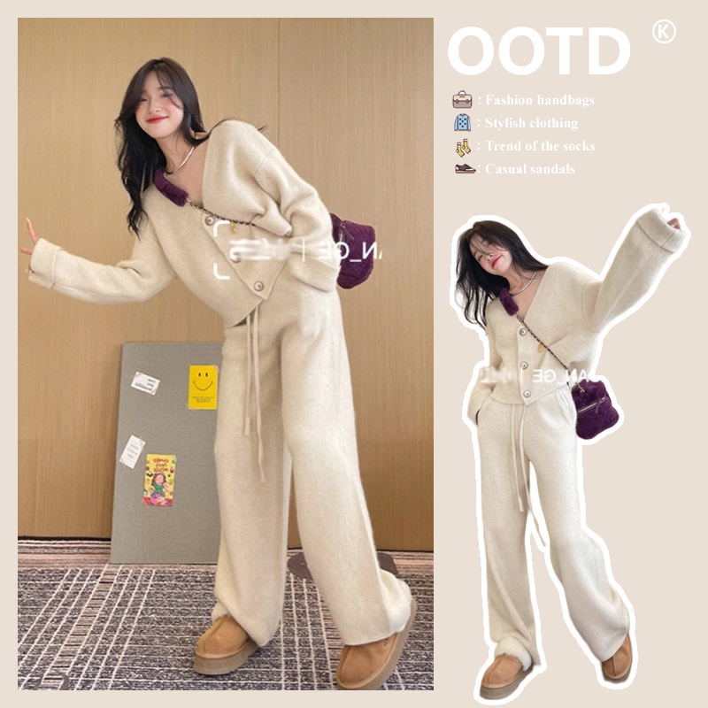 Gentle Style Outfit for Autumn and Winter, Casual, Fashionable, High-End, Chanel-Style, Elegant Ladylike Knitted Wide-Leg Pants Two-Piece Set