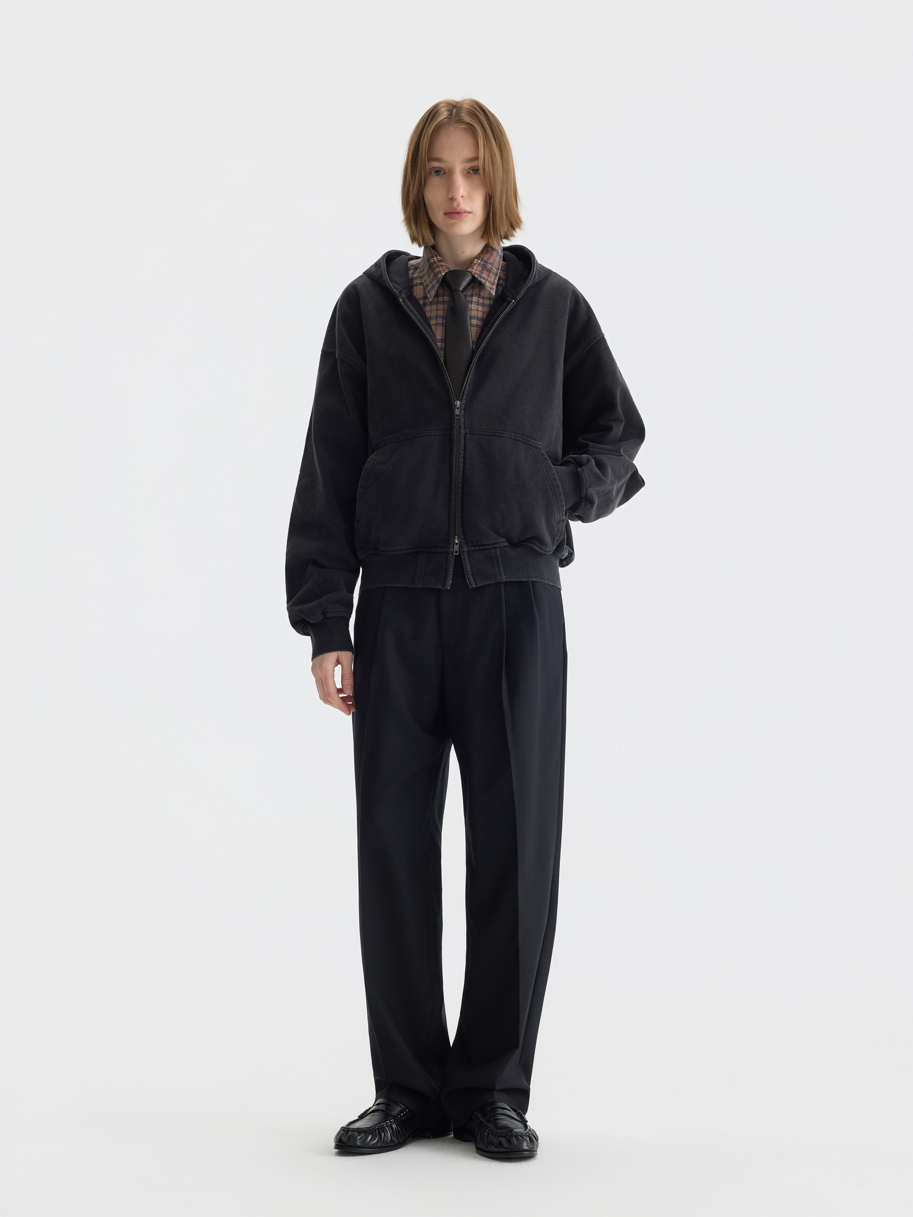 PURESQUARE Washed Black Boxy Zip-Up Hoodie