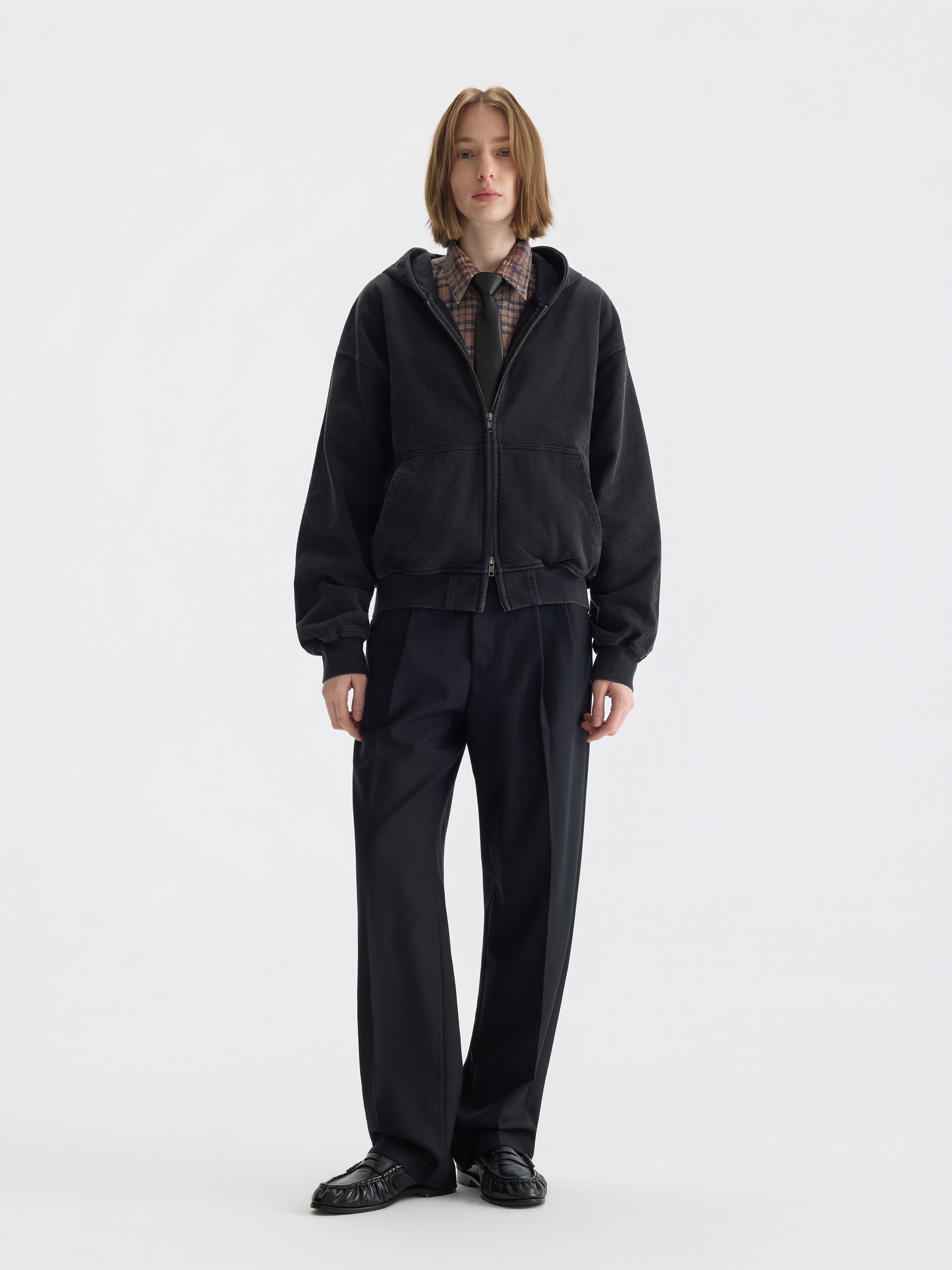 PURESQUARE Washed Black Boxy Zip-Up Hoodie