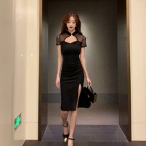 Retro hip-covered slit modified cheongsam dark mid-length republican style mesh splicing slim pure lust dress