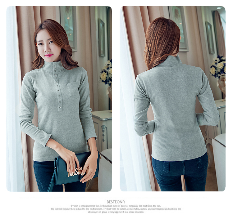 Áo mới mùa thu màu rắn cổ cao áo thun nữ dài tay dày cotton đáy áo Slim phiên bản Hàn Quốc của áo nữ từ bi áo thun nữ đẹp
