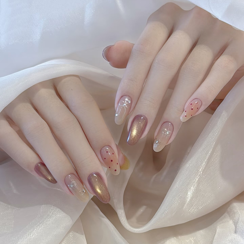 Oh Ni~ Handmade Oval Polka Dot Warm Gold Cat Eye Nail Stickers with Bowknot, Niche Nail Patches, Gentle and Pure Desire