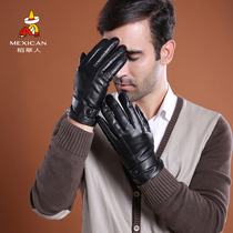 Scarecrow leather gloves men winter plus velvet warm driving motorcycle sheepskin touch screen waterproof and windproof