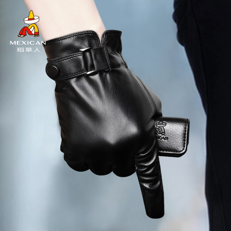 Scarecrow leather gloves Velvet thick winter warm riding motorcycle cold windproof Sheepskin touch screen gloves