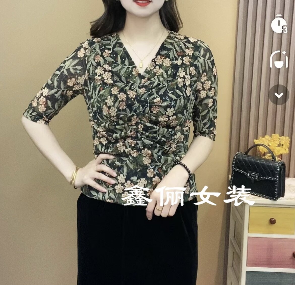 2026夏季弹力网纱洋气提花中老年V领短袖上衣时尚碎花妈妈装T恤衫