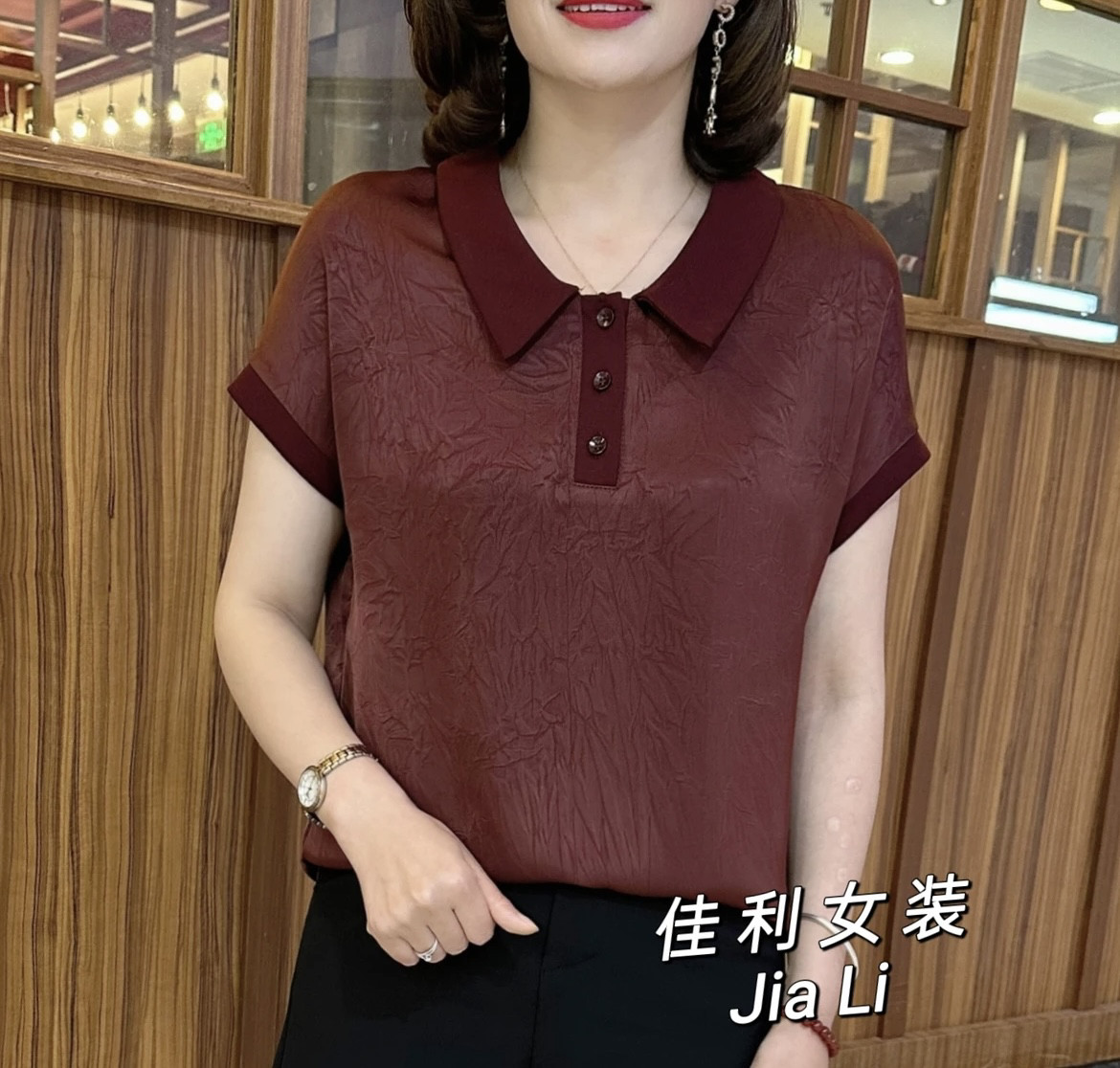 2026夏季时尚Polo领纯色短袖女休闲宽松妈妈装遮肚显瘦T恤上衣