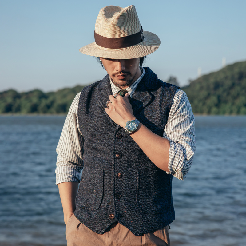 Red Wind American Retro Woolen Vest Heavy Tweed Wool Herringbone Pattern Amekaji Vest for Men