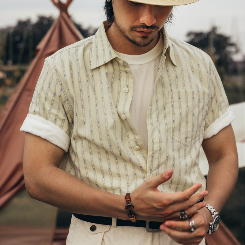 Red Wind Amekaji Vintage Workwear Pure Cotton Retro Shirt Jacket Jacquard Striped Short-Sleeved Shirt for Men Red Wind Amekaji Vintage Workwear Pure Cotton Retro Shirt Jacket Jacquard Striped Short-Sleeved Shirt for Men