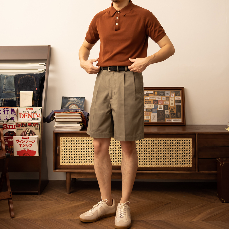 Red Wind Retro Bermuda Shorts, Mercerized Cotton Casual Mid-High Waist French Double-Pleated Military Shorts, Men's Summer Five-Point Shorts