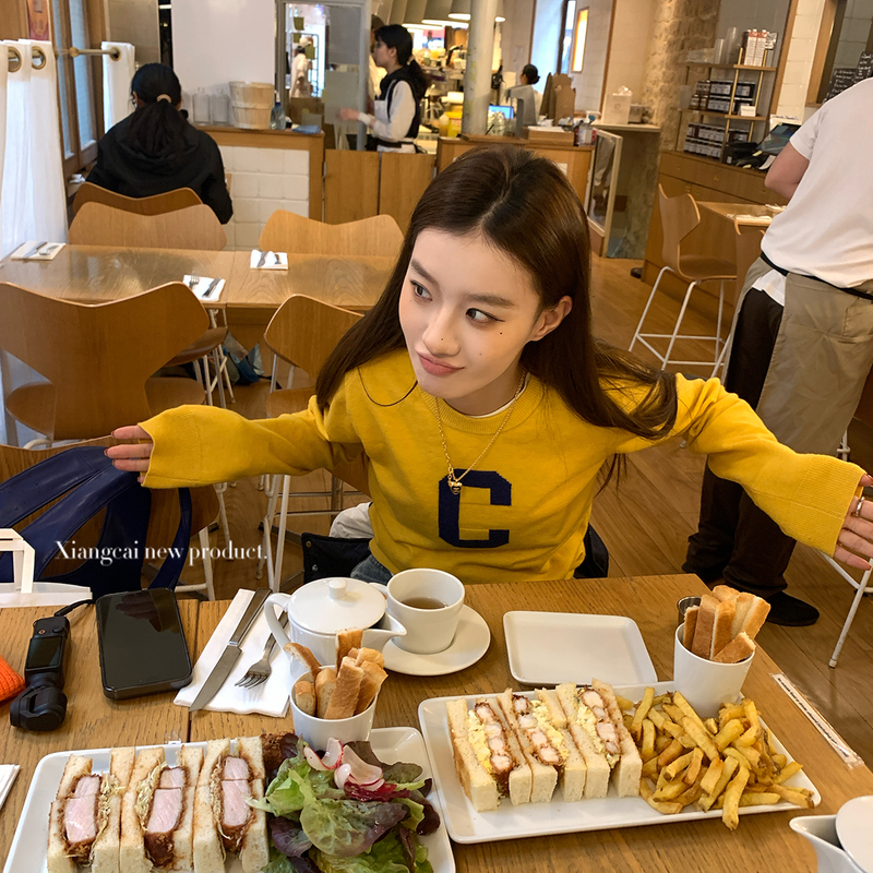 Coriander No Spicy Flavor Xiangcai Jacquard Pullover Crew Neck Sweater for Women Spring Warm Base Knit Top