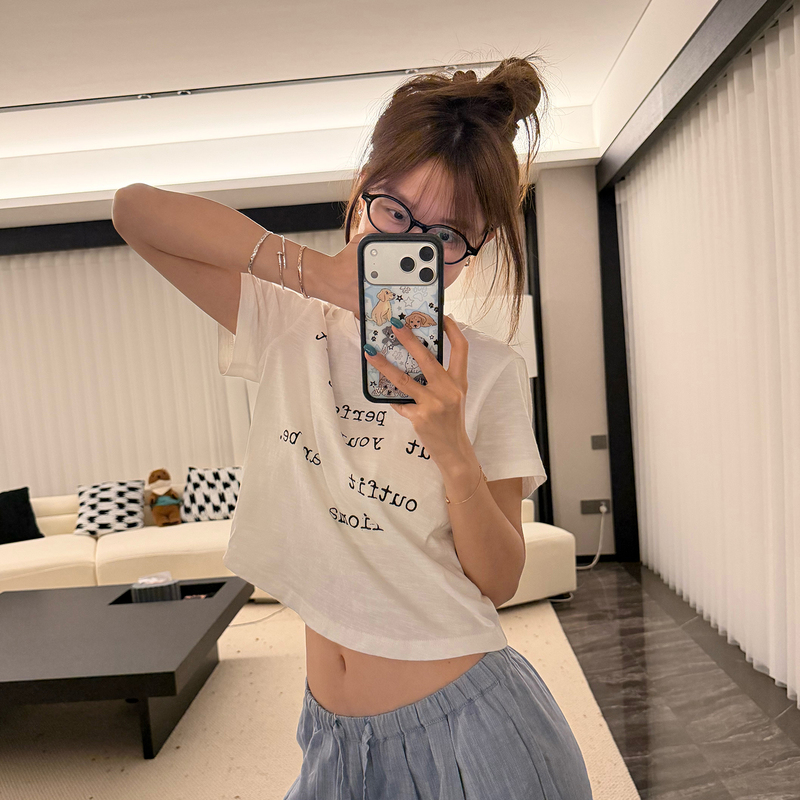 Coriander Without Spicy Flavor Xiangcai White Original Pattern Watermark Short-Sleeved T-Shirt for Women Summer Casual Round Neck Top