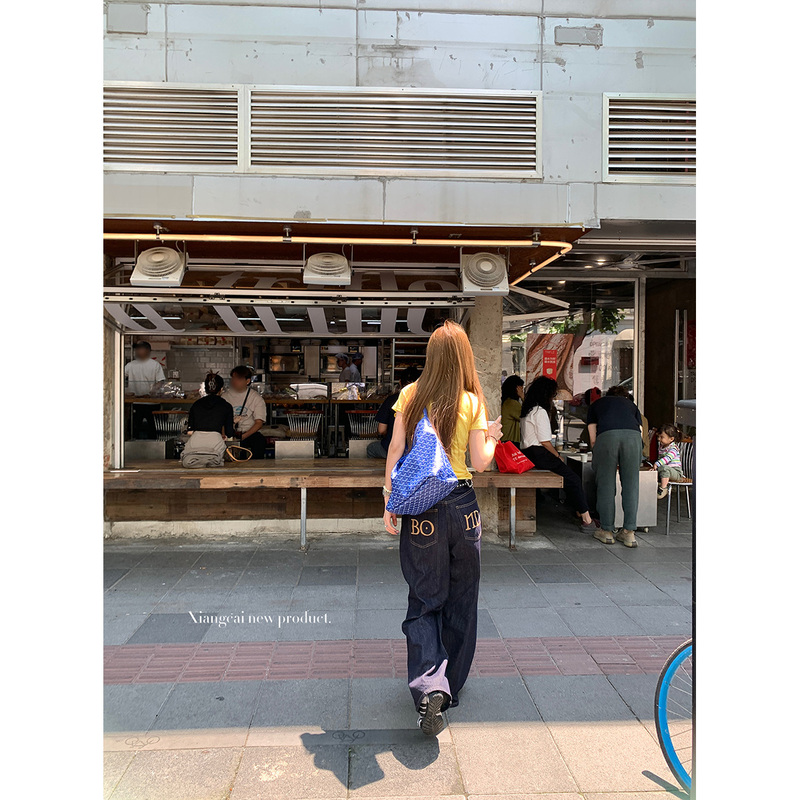 Cilantro No Spicy Flavor Xiangcai Navy Blue Pocket Contrast Embroidery Loose Jeans Women's Summer Straight Pants Cilantro No Spicy Flavor Xiangcai Navy Blue Pocket Contrast Embroidery Loose Jeans Women's Summer Straight Pants