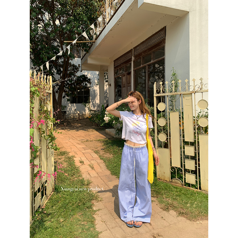 Coriander No Spicy Flavor Xiangcai Striped Double Waistband Wide-Leg Casual Pants Women's Summer New Loose Straight-Leg Pants