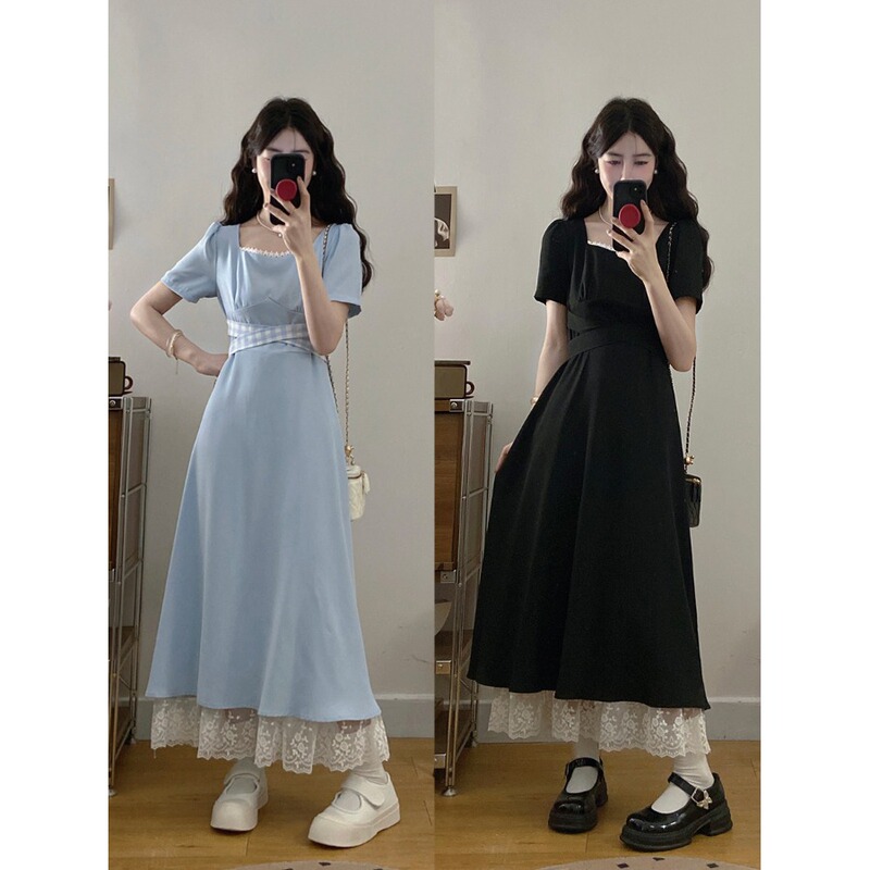 Gu Youran Plus-Size Women's Clothing Summer New Style ~ French-Style Elegant Square-Neck Tie Design Fashionable Dress