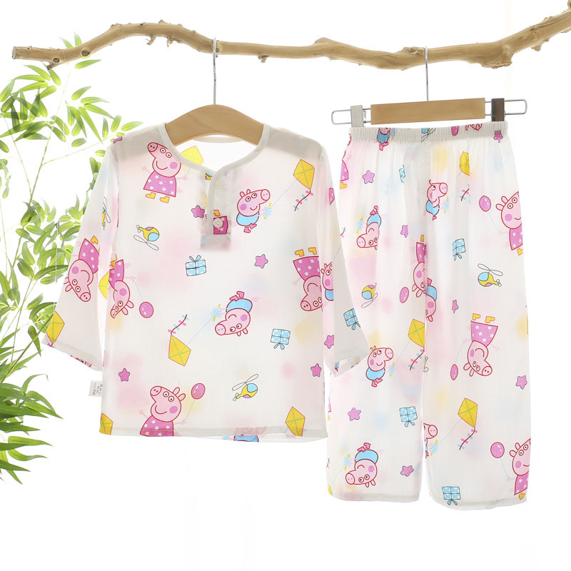 Summer Children's Pure Cotton Silk Pajamas for Boys and Girls, Baby Home Clothes Set, Children's Cotton Silk Summer Thin Air-Conditioned Clothes