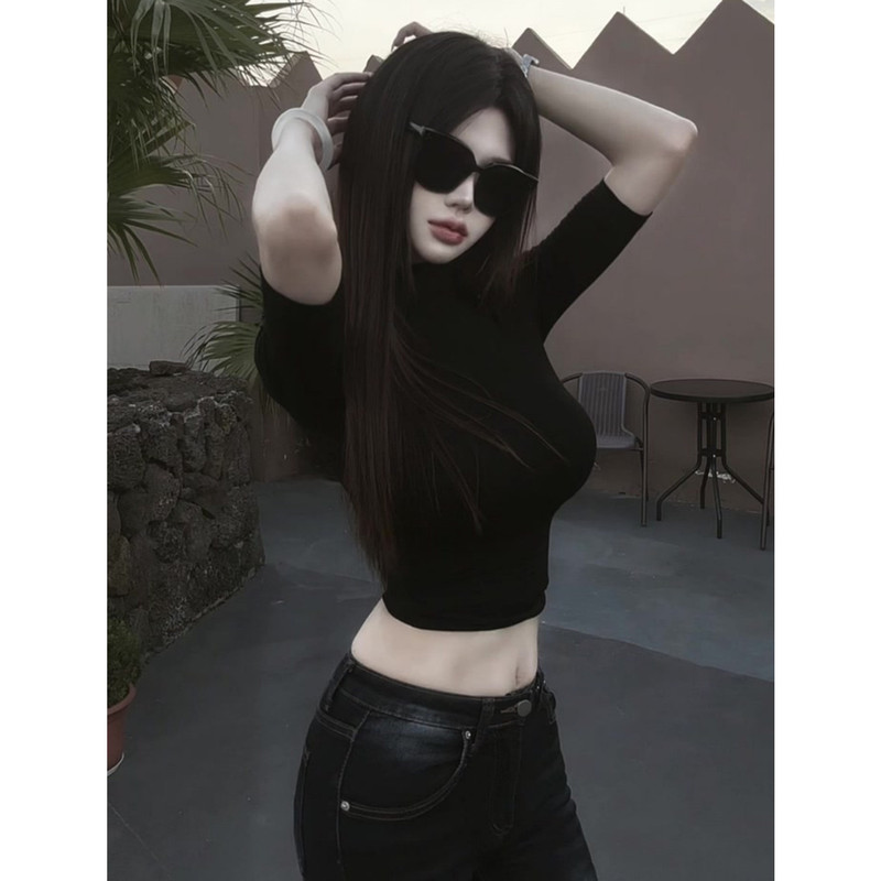 Solid Color Sexy Half-High Collar Mid-Sleeve T-Shirt for Women, Autumn Tight-Fitting Waist-Cinching Short Crop Top, Versatile Base Layer Top Solid Color Sexy Half-High Collar Mid-Sleeve T-Shirt for Women, Autumn Tight-Fitting Waist-Cinching Short Crop Top, Versatile Base Layer Top