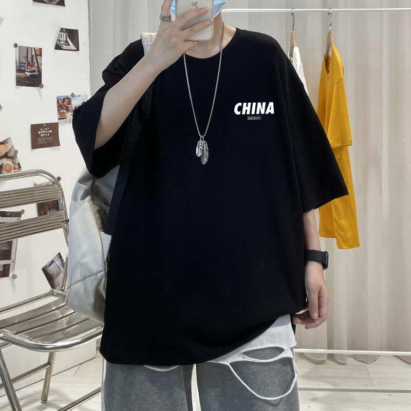 National tide short sleeve T-shirt male round collar summer trend minimalist print pure color half sleeve black beating undershirt male dress 