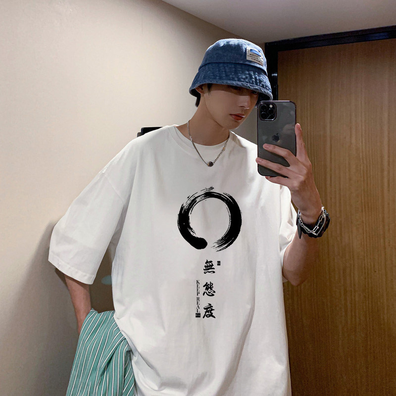 White Short Sleeve T-shirt Male Summer Loose 2021 new original Cebu Wind Cartoon Printed Half Sleeve Blouse 50% Sleeves Compassionate 