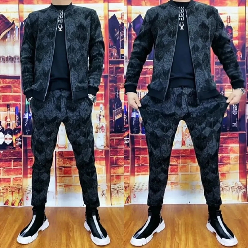 Autumn and Winter New Men's Casual Sports Large Size Suit, Fashionable and Trendy Men's Clothing, Elegant and Slim-Fitting Two-Piece Set