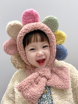 Japanese substitute hat scarf child autumn and winter baby cute super cute warm and enchanting big flower ear cover hat