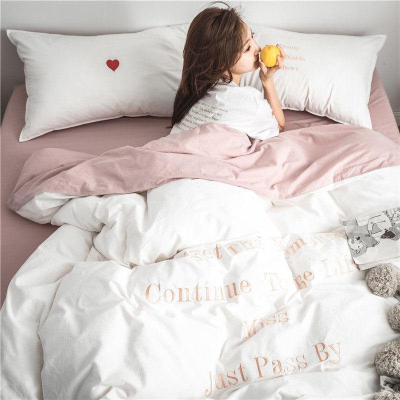 Nordic wind all-cotton washed cotton embroidery Four pieces of kit minima ns Wind Girl Heart pure cotton bed Bedding Linen Bed