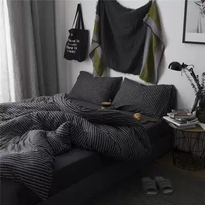 Simple bedding cotton nude sleeping Guinea cotton quilt cover four-piece cotton ins Wind bed sheets dormitory black three-piece set