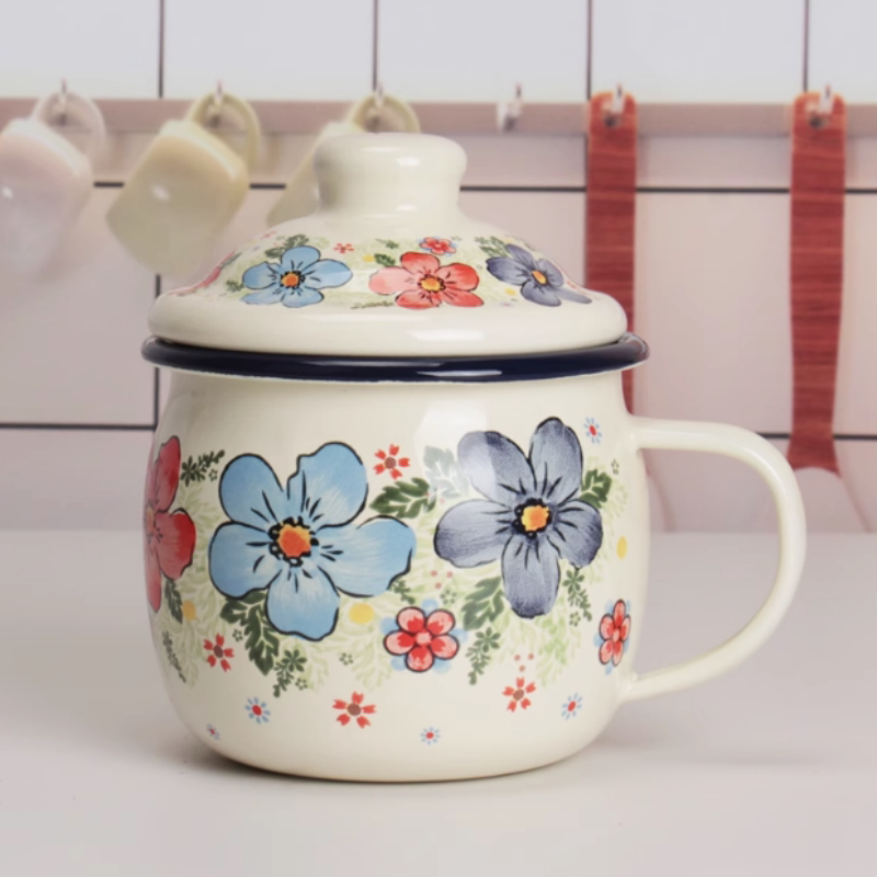 ホーロー磁器製小型サマーマグ、蓋付きホーローマグ、350mL