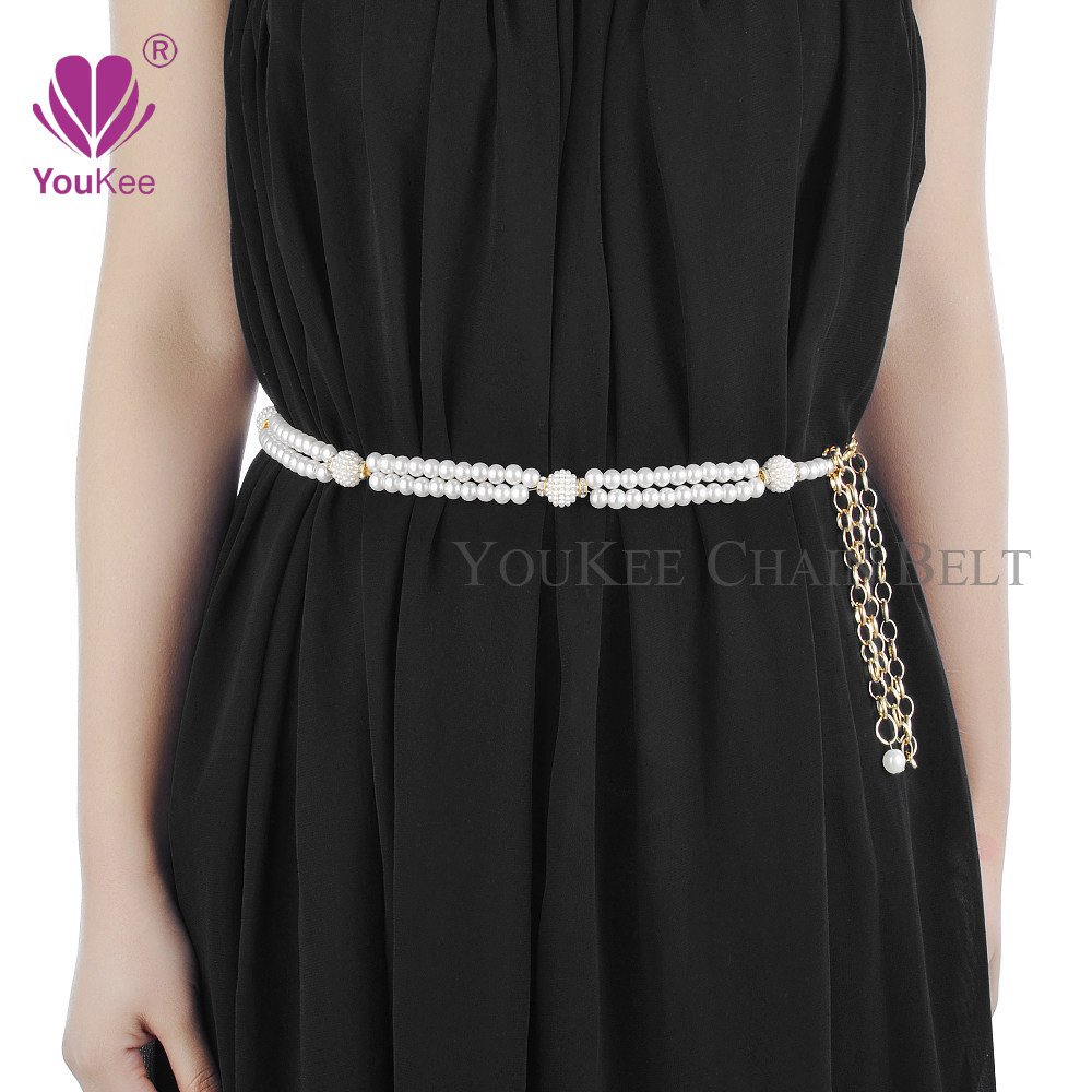 Korean Fashion Double Row Pearl Waist Chain Ladies Thin Belt Decoration Simple Beaded Dress Rhinestone Skirt Belt