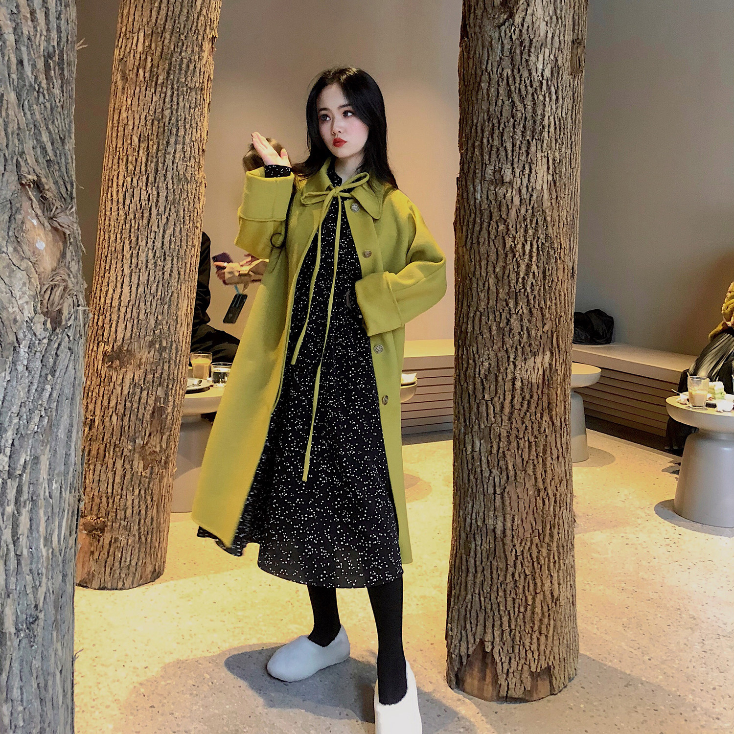 Bean sprouts yellow Peter Pan reversible woolen coat