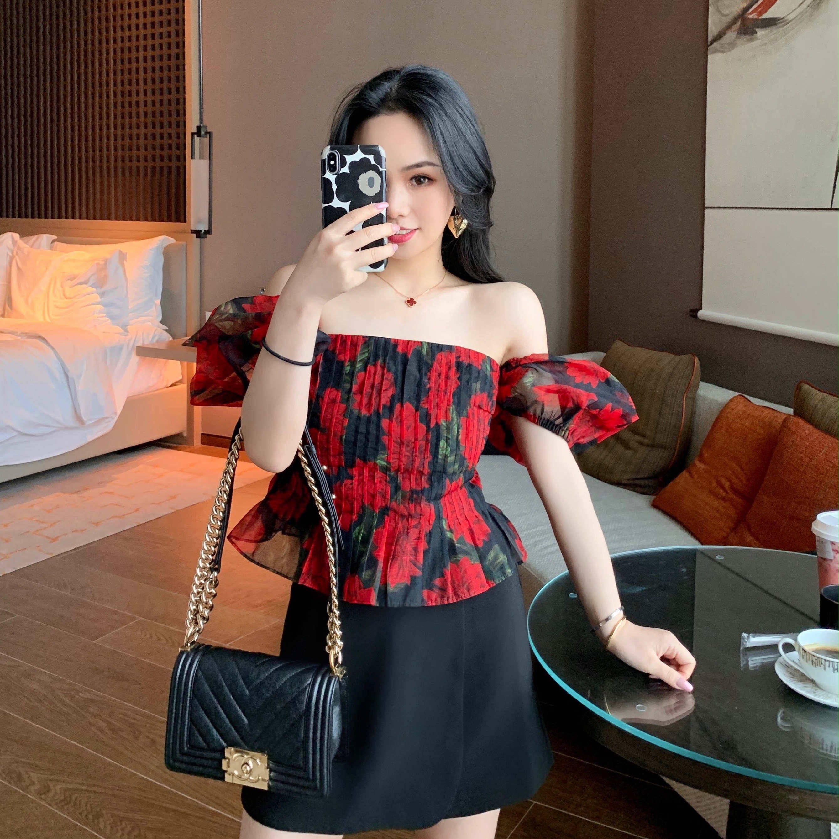 Small Puff Sleeve Top Women's 2020 Summer Heavy Industry Rose Print Short Design Small Short Sleeve Shirt